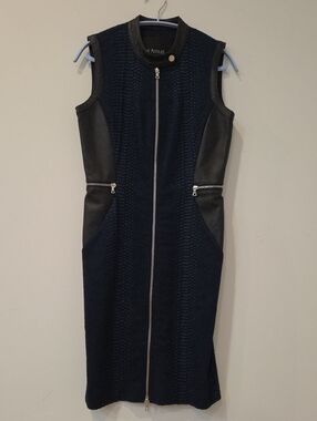 Yigal Azrouel Black & Blue Sleeveless Zip-Front Sheath Dress Leather Trim